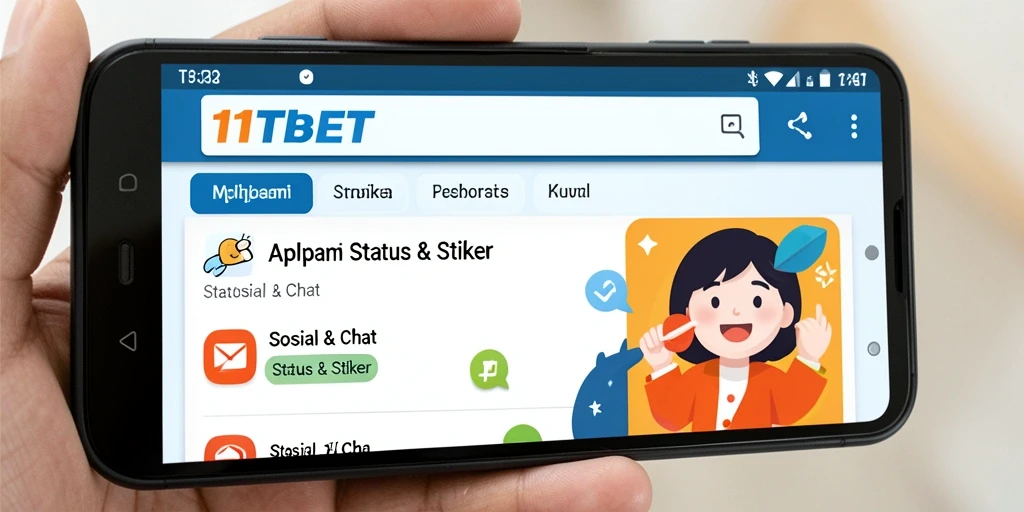 Tampilan antarmuka aplikasi 11TBET dengan stiker dan status menarik.
