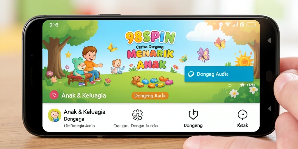Tampilan antarmuka aplikasi Dongeng Audio yang menarik dan ramah anak.