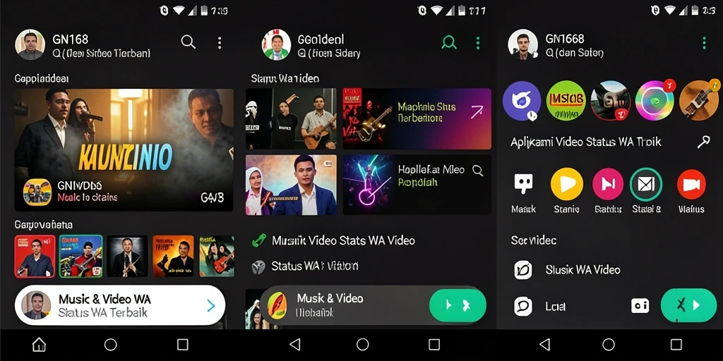 Antarmuka aplikasi GN168 yang memudahkan pencarian video status.